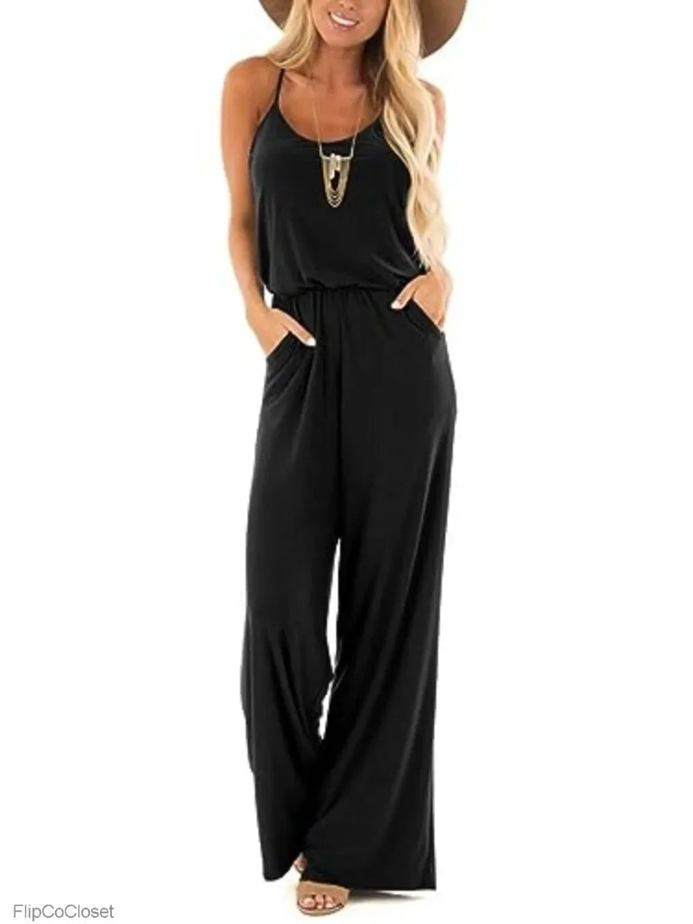 Women's Sleeveless Wide Leg Jumpsuit Romper with Pockets, V-Neck Summer Outfit
